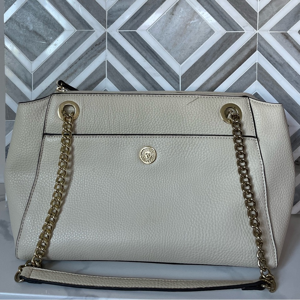Anne Klein Ivory PVC Leather Baguette Chain Strap Tote Bag Purse